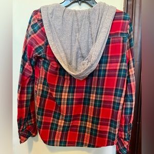 Hurley Women’s red and blue button up flannel with grey hood size S